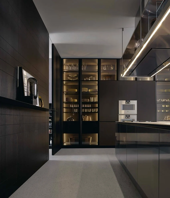Custom Made Modern Kitchen Island with Glossy Finish Wooden Aluminum Frame Glass Door for Home Display Storage