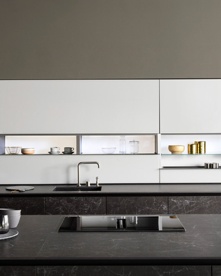 Custom Made Modern Kitchen Island with Glossy Finish Wooden Aluminum Frame Glass Door for Home Display Storage